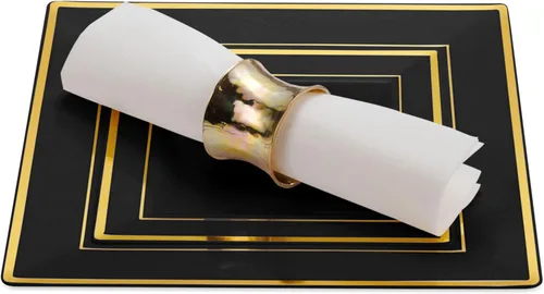 Miniatura 7 de BloominGoods 100 platos cuadrados desechables de plástico negro, paquete de 100 platos cuadrados de plástico de 6.5 y 10 pulgadas con borde dorado