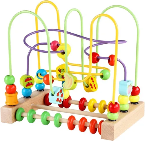 QZMTOY Juguetes de madera para niños pequeños, juguete de laberinto de cuentas para niños pequeños con animales coloridos, frutas y formas, juguetes