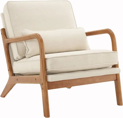 Miniatura 16 de SSLine Sillón tapizado moderno de tela de lino suave con almohada y marco de madera de roble, cómodo sofá individual con respaldo alto, silla