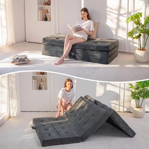 Miniatura 11 de MAXYOYO Sofá cama plegable de 4 pulgadas, sofá plegable copetudo, sofá portátil con asas, cubrecolchón de cama de invitados, tapete portátil