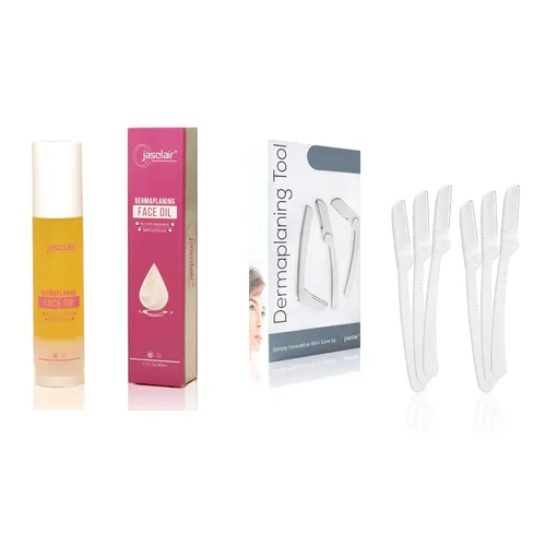 Herramienta de dermaplaning (6 unidades) y paquete de aceite Dermaplane: afeitadora facial fácil de usar con aceite de afeitado suave para una