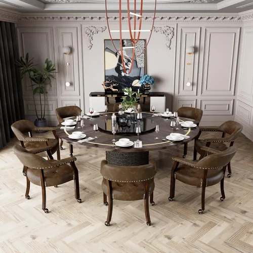 Miniatura 3 de Juego de 8 sillas de cuero de comedor con ruedas y brazos, silla de capitán Accent con ruedas, sillas de madera con ruedas enrollables para cocina