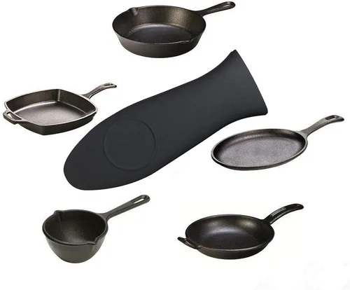 Miniatura 4 de 2 cubiertas de silicona con mango caliente, 2 raspadores de plástico para parrilla, 2 raspadores de sartén de plástico para sartenes de hierro Negro