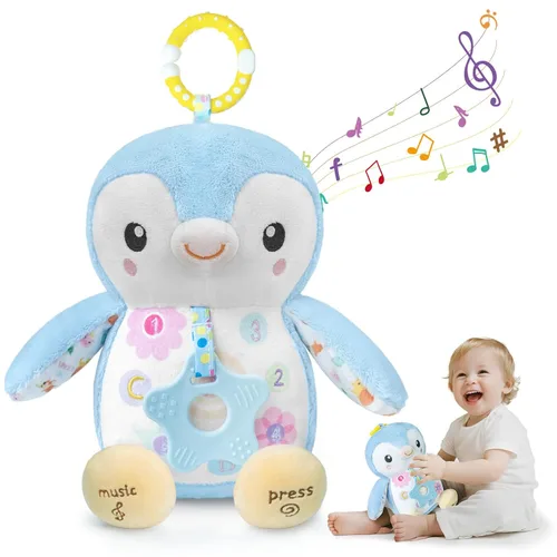 Juguetes para bebés de 0 a 6 meses, animal de peluche musical con sonajeros y papel arrugado, anillo colgante para juego sensorial, juguetes para el