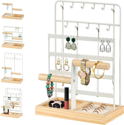 JAZUIHA Organizador de joyas con organizador de aretes, collar y pulsera, colgador de 3 niveles para exhibición de joyas y almacenamiento de aretes,