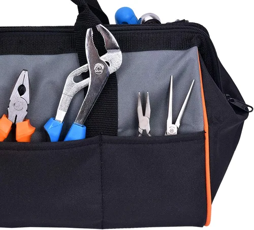 Miniatura 6 de MEIJIA Bolsa de herramientas portátil de boca ancha abierta con múltiples compartimentos, resistente con parte inferior de tablero de polietileno