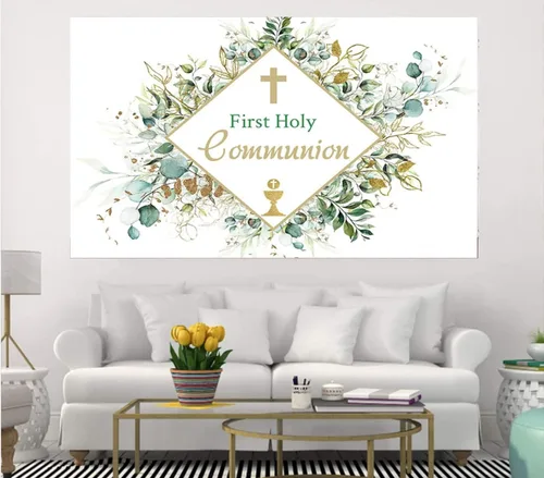 Miniatura 4 de Cortina de fondo decorativa de hojas verdes de la Primera Comunión, planta verde, Dios bendiga el bautismo, fondo de fotografía, accesorios
