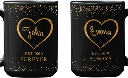 Miniatura 9 de Tazas de café de cerámica personalizadas corazón dorado, nombre personalizado y est. para parejas, conjunto de dos, cumpleaños, aniversario, regalo
