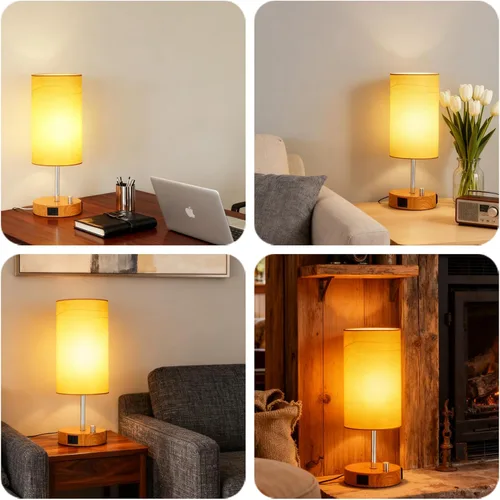 Miniatura 7 de HiBay Lámpara de mesita de noche regulable de 17.75 pulgadas con estación de carga, 2 puertos USB y salida de CA, luz rústica de grano de madera