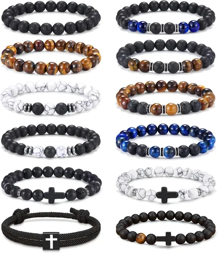 Miniatura 7 de Jewdreamer 12 piezas de pulseras de cuentas para hombres, pulseras de 8 mm de ojo de tigre, pulsera de piedra natural, cuentas de cristal en cruz