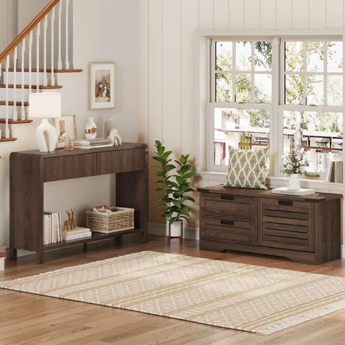 Miniatura 5 de FATORRI Banco con almacenamiento para zapatos para entrada, bancos de madera con puerta abatible y cajones, gabinete organizador de zapatos