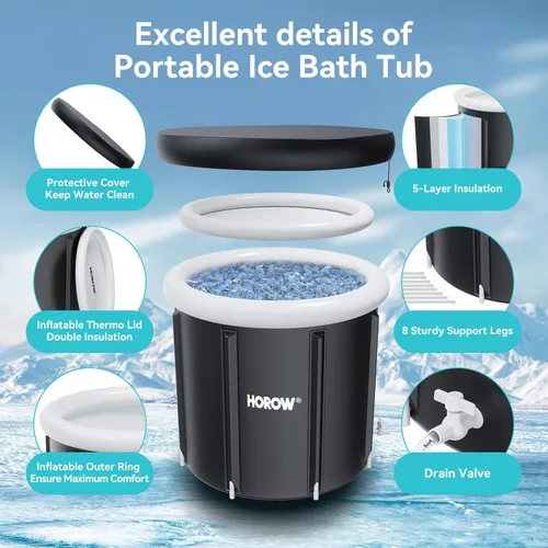 Miniatura 5 de HOROW Bañera de hielo fría con tapa, baño de hielo portátil de múltiples capas para terapia de agua fría y recuperación, uso en interiores