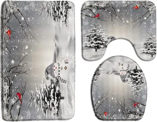 Miniatura 9 de GCTNBJL Juego de 3 alfombrillas de baño para árbol de Navidad, diseño de copo de nieve, rojo, gris, dibujos animados, invierno, vacaciones, baño