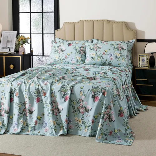 Miniatura 87 de FADFAY Juego de sábanas tamaño King, 100% algodón, elegante ropa de cama de granja con hojas verdes menta y flores blancas, sábana suave