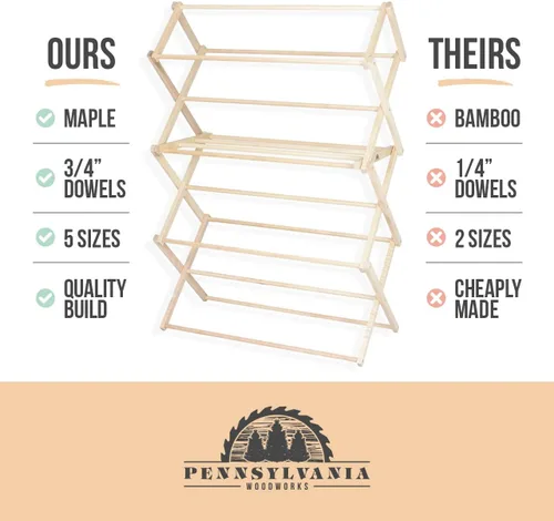 Miniatura 7 de Pennsylvania Woodworks Tendedero de Secado de Ropa: Tendedero de Lavandería de Madera Dura de Arce Macizo para Suéteres, Blusas, Lencería y Más