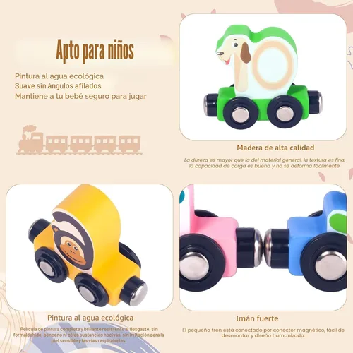 Miniatura 3 de Juguetes para niños pequeños, juego de pista de tren magnético de madera de 12 piezas con diseños de animales y digitales, juguete educativo