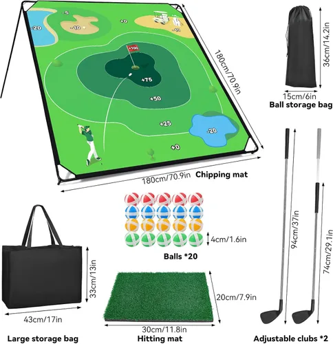 Miniatura 6 de Liberry Juego de astillado de golf con alfombrilla de astillado grande, 2 palos ajustables, 20 bolas adhesivas, juguete de entrenamiento deportivo
