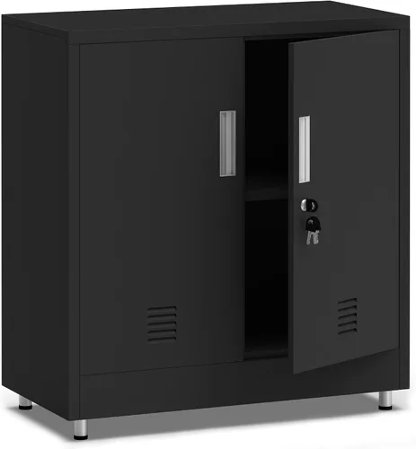 Armario de almacenamiento de metal con puertas de bloqueo y estante ajustable, pequeño aparador con cerradura para el hogar, oficina, entrada, Negro