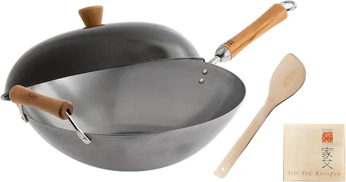 JOYCE CHEN Serie Classic - Juego de wok de acero al carbono sin revestimiento de 14 pulgadas con tapa y mangos de abedul, 4 piezas