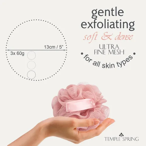 Miniatura 2 de Temple Spring Esponja de malla suave para ducha, paquete de 3 (2.12 onzas cada uno), exfoliante corporal suave para espuma rica y piel suave