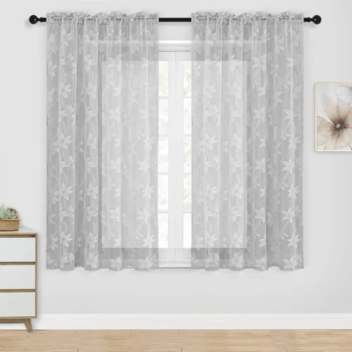 Miniatura 46 de DWCN Paquete de 2 cenefas de encaje floral para cocina, 52 x 18 pulgadas, con bolsillo para barra, cortina de gasa para ventana pequeña, cocina