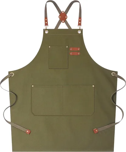 AFUN Delantales de chef para mujeres y hombres con bolsillos grandes, delantal de trabajo repelente al agua de lona de algodón, talla M a XXL (verde