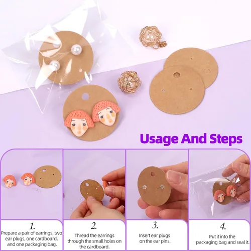 Miniatura 5 de Swpeet Juego de 600 tarjetas de exhibición de aretes de papel kraft, tarjetas redondas de 1.6 in a 1.6 pulgadas con parte trasera de aretes y bolsas