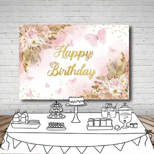 Miniatura 4 de MEHOFOND Telón de fondo bohemio de feliz cumpleaños de 7 x 5 pies para niñas, color rosa rubor, floral, bohemio, hierba de pampas, pasteles