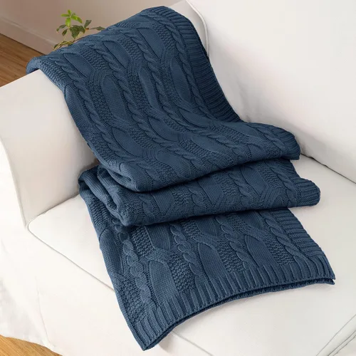 Aormenzy Mantas de Punto Azul Pizarra Oscuro de Gran Tamaño Cable Knit Manta Decorativa de Punto Rust Suave y Acogedora Tejida para Sofá Sillón