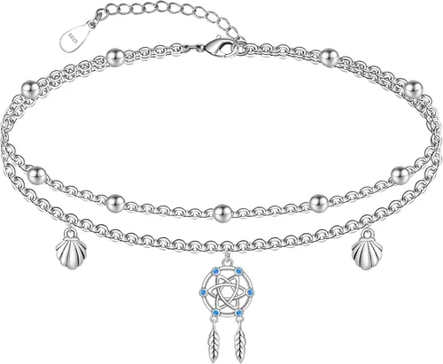 Miniatura 127 de CHIC & ARTSY Tobilleras delicadas de plata de ley S925 para verano, pulsera de tobillo ajustable multicapa para playa, joyería de pie para mujer