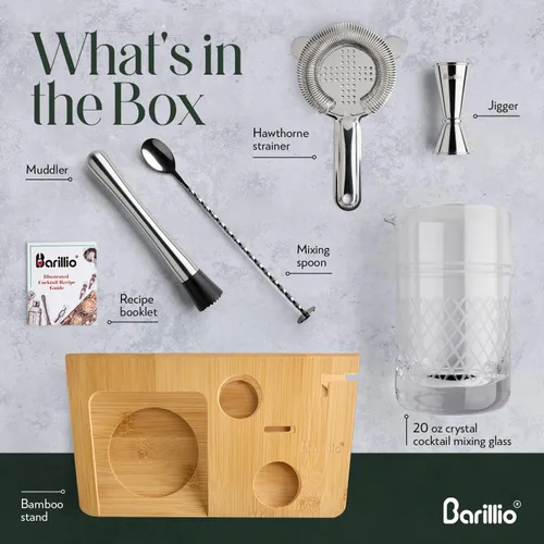 Miniatura 3 de Barillio Vaso mezclador de cóctel de cristal de 20 onzas con soporte de bambú y herramientas de barra Cristal sin plomo sin costuras, jarra