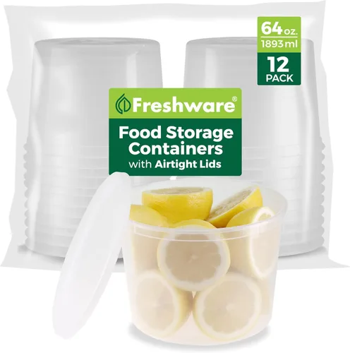 Freshware [12 unidades, 64 oz] recipientes de plástico de 1/2 galón para almacenamiento de alimentos y sopa con tapas herméticas, recipientes para