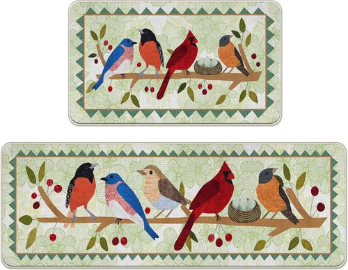 Spring Birds - Juego de 2 alfombras de cocina verdes, diseño vintage cardenal Bluebird Robin Bullfinch con capucha, ramas de Oriola, decoración de