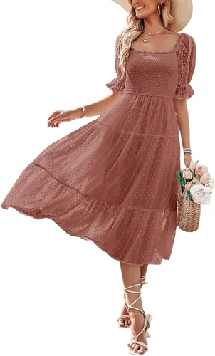 MEROKEETY - Vestido de verano con lunares suizos para mujer vestido midi con cuello cuadrado, mangas abombadas, volados, lazo en la espalda y estilo