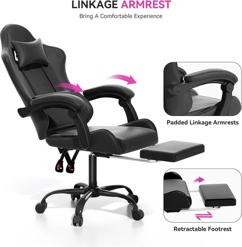 Miniatura 5 de Silla para videojuegos, sillas ergonómicas de computadora con brazos, soporte lumbar, reposapiés, reposacabezas giratoria de 360°, respaldo y altura