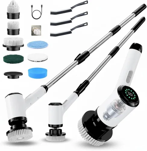 Limpiador eléctrico giratorio, cepillo de limpieza eléctrico inalámbrico con 8 cabezales reemplazables, 2 velocidades ajustables, pantalla LED y
