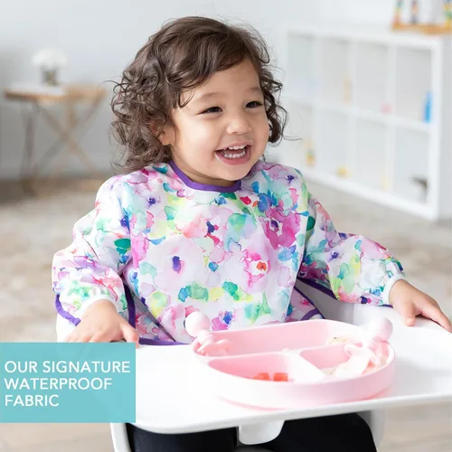 Miniatura 3 de Bumkins Babero con mangas para bebé, babero para niños pequeños, smock, tela impermeable, se adapta a edades de 6 a 24 meses, acuarela Acuarela E6