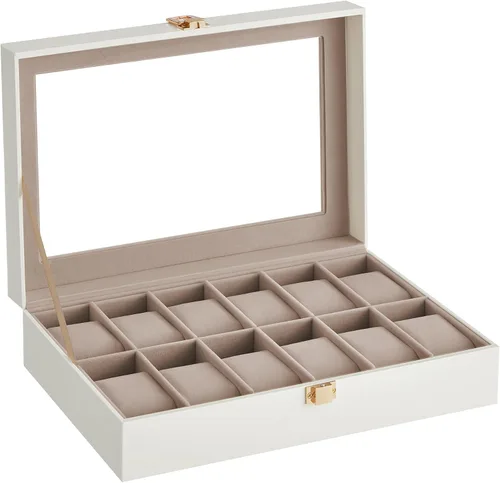 Miniatura 7 de SONGMICS Caja de reloj, caja de reloj de 12 ranuras con tapa de vidrio grande, almohadas extraíbles para reloj, organizador de caja de reloj, regalo