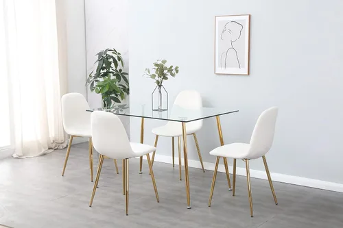Miniatura 6 de Juego de 4 sillas de comedor de terciopelo crema, sillas de cocina modernas de mediados de siglo con patas cromadas doradas, elegantes sillas
