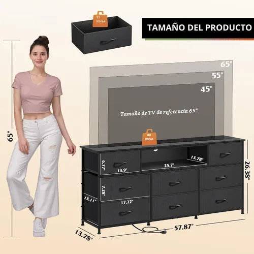 Miniatura 2 de WLIVE Soporte de TV negro para TV de 50, 55, 65 pulgadas, centro de entretenimiento con luces LED y estación de carga, cómoda con 8 cajones de tela