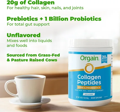 Miniatura 4 de Orgain - Péptidos de colágeno hidrolizado + Polvo de prebióticos y probióticos para mujeres y hombres, 20 g de colágeno alimentado con pasto, 1 mil