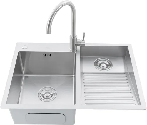 Miniatura 10 de Fregadero de lavandería de 2 lavabos para el hogar con lavabo con tabla de lavar y grifo, fregadero de acero inoxidable para lavanderías, baños