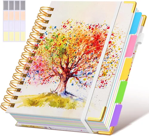 Miniatura 12 de Cuaderno universitario de espiral con tapa dura de cuero de 8 x 10 pulgadas, con pestañas separadoras extraíbles, para 5 materias, a rayas; diario