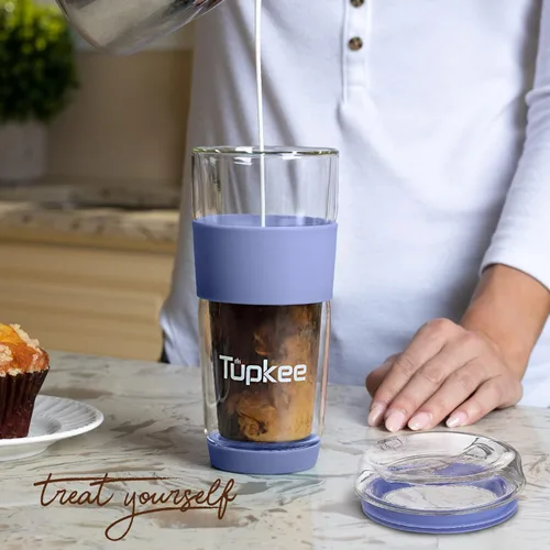 Miniatura 3 de Vaso de vidrio de doble pared de 14 onzas, vaso de té/café aislado reutilizable de vidrio soplado a mano y con tapa, vaso de viaje - Jacaranda