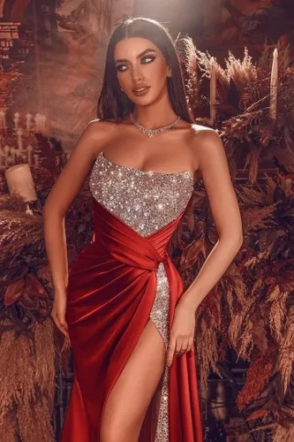 Miniatura 2 de Vestidos de fiesta de lentejuelas brillantes, vestido de dama de honor de sirena 2024 con tubo de hendidura, vestido formal de noche de satén