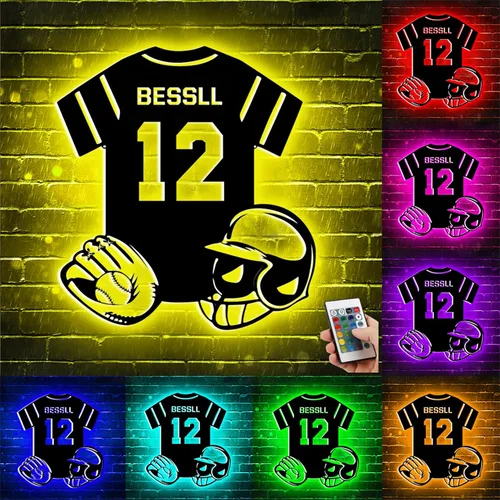 Miniatura 13 de Letrero de metal de béisbol personalizado con luz LED, nombre de camiseta de béisbol personalizable, número, decoración de pared, regalo para casco