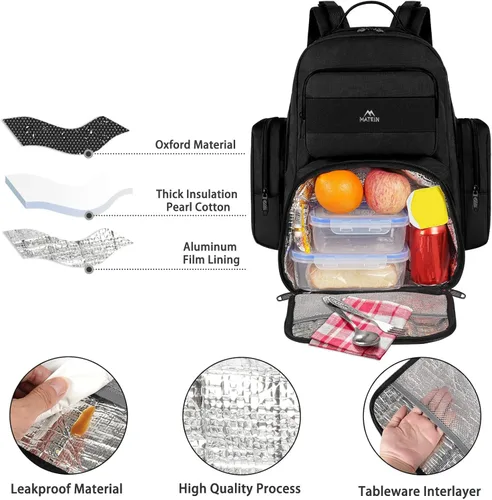 Miniatura 5 de MATEIN Mochila de almuerzo para hombres de trabajo, mochila táctica de 15.6 pulgadas con compartimento para el almuerzo, mochilas grandes para Negro