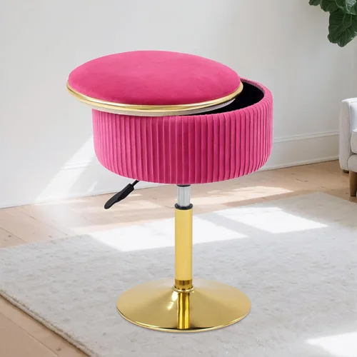 Miniatura 10 de Taburete de tocador ajustable con almacenamiento, silla taburete de maquillaje giratorio de 360°, otomana redonda pequeña de terciopelo con base