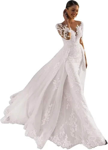 Miniatura 55 de Vestido de novia formal sin tirantes con encaje, largo de sirena para mujer 2019 WD162