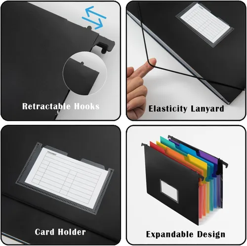 Miniatura 4 de Carpeta colgante de archivos de 7 bolsillos con ganchos retráctiles para archivador, organizador de archivos de acordeón expandible 2 en 1
